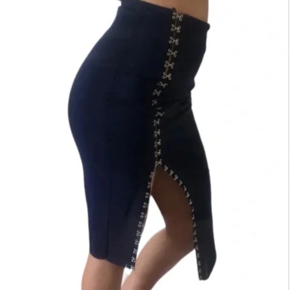 BEC + BRIDGE Navy Mesh Pencil Skirt With Slit | 2 - Picture 9 of 11